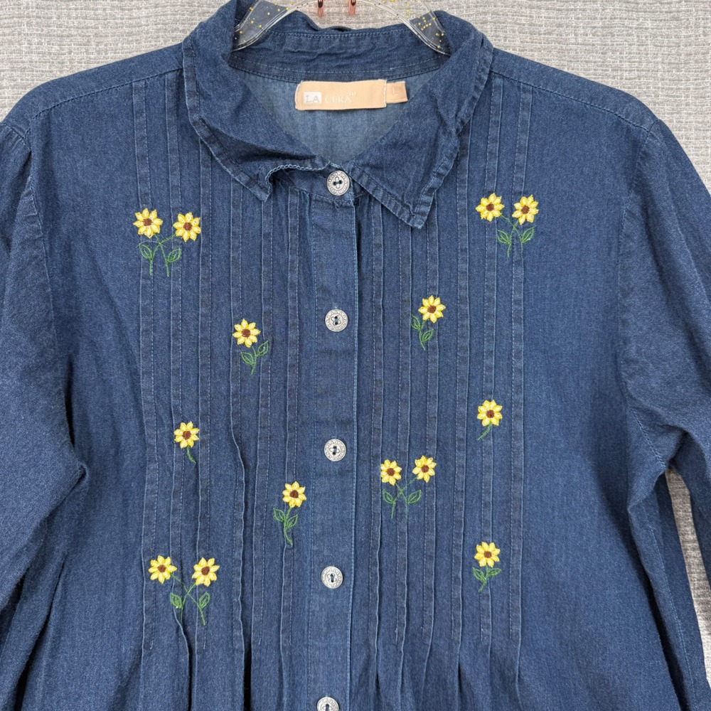 La Cera Denim Embroidered Floral Shirt Dress Women L Blue Cotton Boho Cottage - Picture 3 of 11